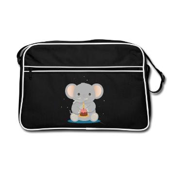 Geburtstags-Elefant mit Törtchen – Süßes Tiermotiv - Retro Tasche - Schwarz/Weiß - Vorne