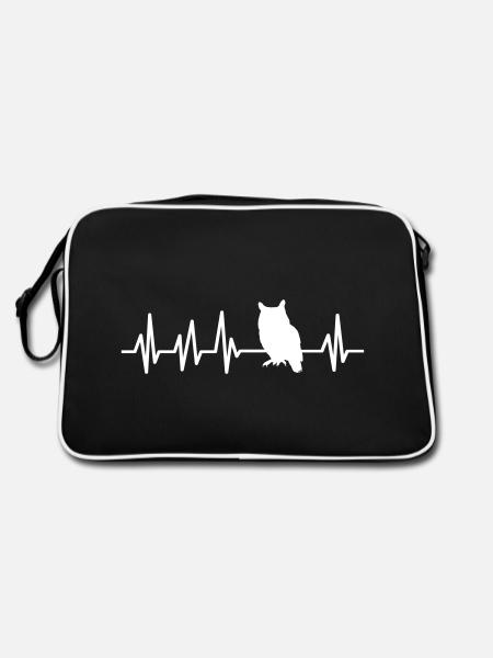 Eule Herzschlag Eulenliebhaber Geschenkidee Kauz - Retro Tasche - Schwarz/Weiß - Hinten