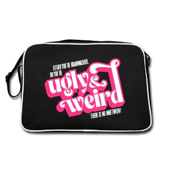 Movie quote: brainwashed or UGLY & WEIRD! - Retro Bag - black/white - Back