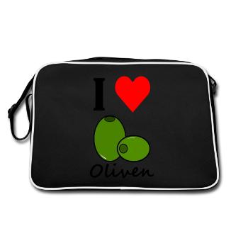 Oliven | Ich liebe Oliven Design Spruch | Herz - Retro Tasche - Schwarz/Weiß - Hinten