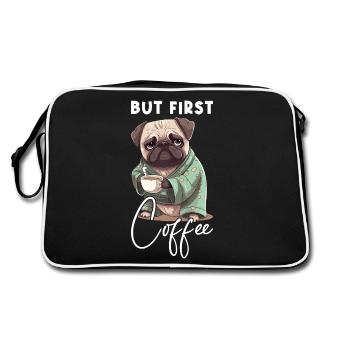 Kaffee Mops Hund But First Coffee Spruch Lustig - Retro Tasche - Schwarz/Weiß - Hinten