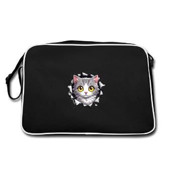 Peeking Cat Through Jagged Hole - Retro Bag - black/white - Back