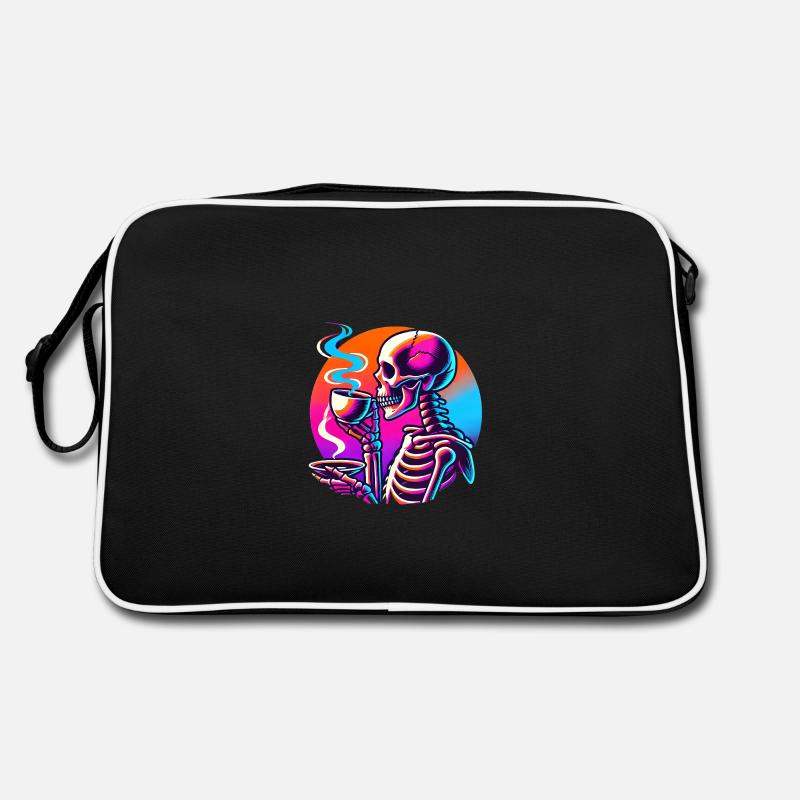 Neon Skeleton Sipping Coffee Design Retro Bag