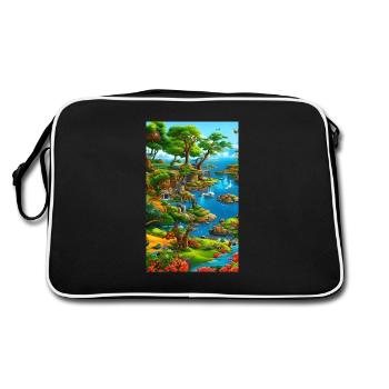 Abstrakte KI-Landschaft aus Wasser und Klippen - Retro Tasche - Schwarz/Weiß - Hinten