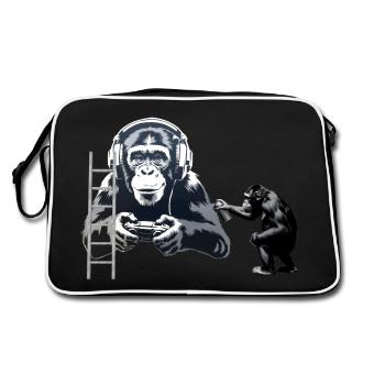 GRAFFITI BANKSY STYLE - CHIMP PLAYING COMPUTER GAM - Retro Bag - black/white - Back