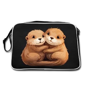 Otter Love Hugging Holding Hands Cuddling - Retro Bag - black/white - Back