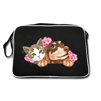 Süße Katze und träumender Dackel mit rosa Blumen - Retro Tasche - Schwarz/Weiß - Hinten