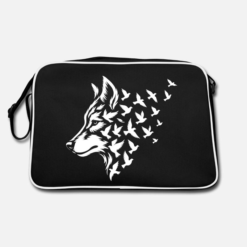 Stilisierter Wolf mit fliegenden Vögeln Retro Tasche