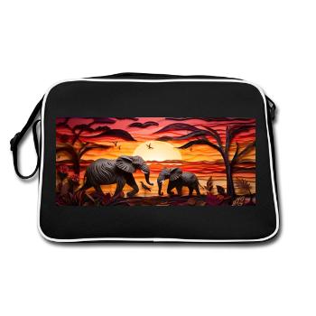 Sonnenuntergang über Savanne - Elefanten - Retro Tasche - Schwarz/Weiß - Hinten