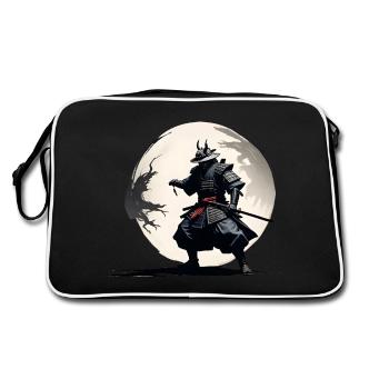 Samurai Krieger im Vollmond - Retro Tasche - Schwarz/Weiß - Hinten