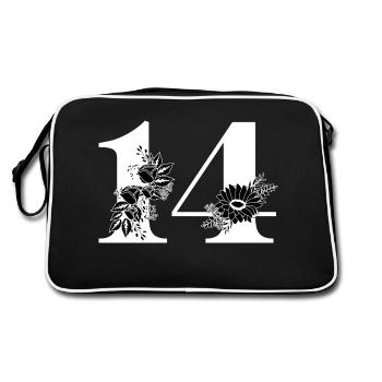 Nummer 14 Schwarze Blumen - 14. Blumengeburtstag - Retro Tasche - Schwarz/Weiß - Hinten