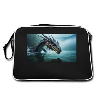 Ein realistischer böser dunkler Drache in einem nebligen Fluss - Retro Tasche - Schwarz/Weiß - Hinten