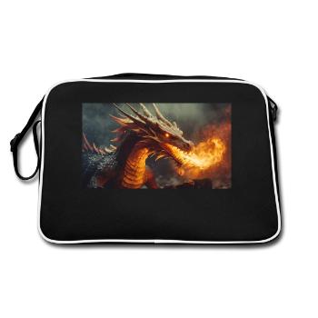 Ein realistischer, majestätischer dunkler Drache, der Flammen speit - Retro Tasche - Schwarz/Weiß - Hinten