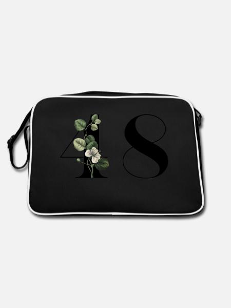 Nummer 48 Grüne Blumen - 48. Blumengeburtstag - Retro Tasche - Schwarz/Weiß - Hinten