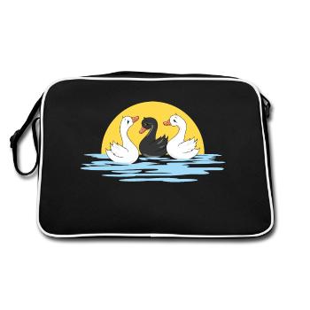 Drei süße schwimmende Babyschwäne - Retro Tasche - Schwarz/Weiß - Hinten