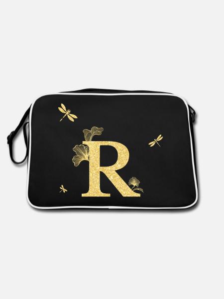 Buchstabe r Goldene Glitzer Libelle - Geschenkidee - Retro Tasche - Schwarz/Weiß - Hinten