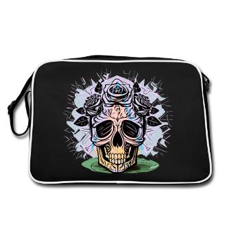 Kreativer Totenkopf mit Rosen Design - Retro Tasche - Schwarz/Weiß - Hinten