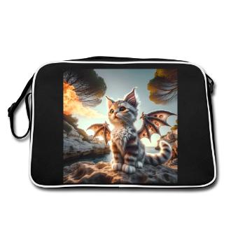 Feuerspeiendes Kätzchen Drache #01 - Retro Tasche - Schwarz/Weiß - Hinten