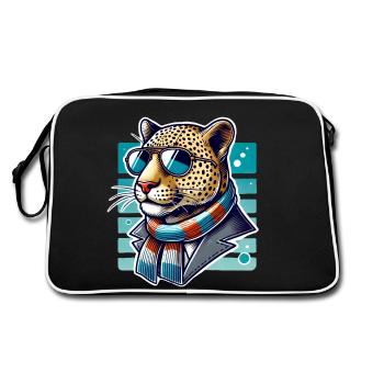 Stylischer Leopard mit Brille & Schal – Cool - Retro Tasche - Schwarz/Weiß - Hinten