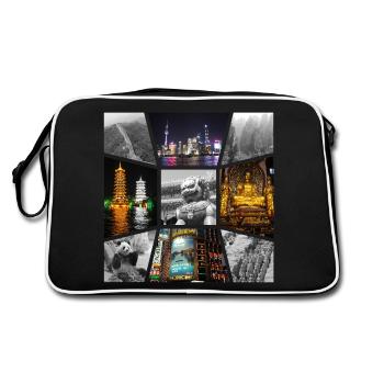 China Asien Collage Skyline Stadt Metropole Kunst - Retro Tasche - Schwarz/Weiß - Hinten