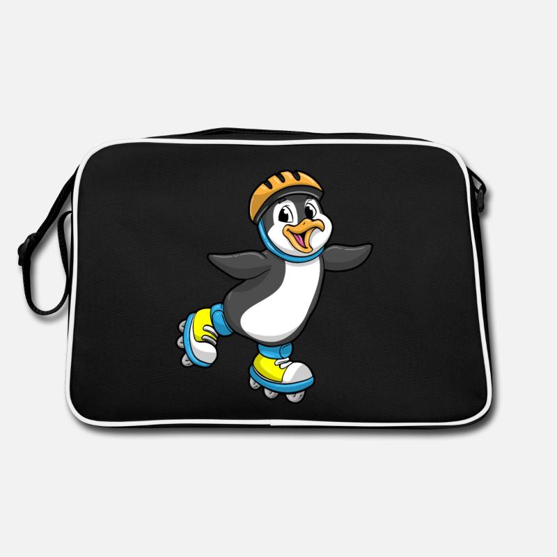 Pinguin als Inlineskater mit Inline Skates Helm - Retro Tasche - Schwarz/Weiß