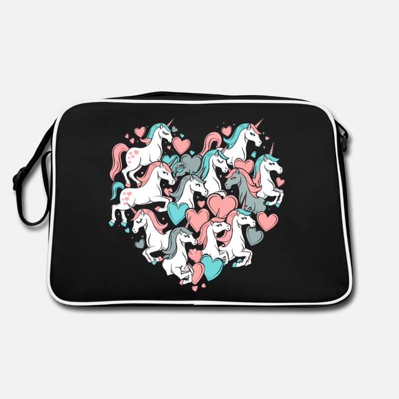 Einhorn Einhörner Herz Herzform Liebe Bunt Süß - Retro Tasche - Schwarz/Weiß