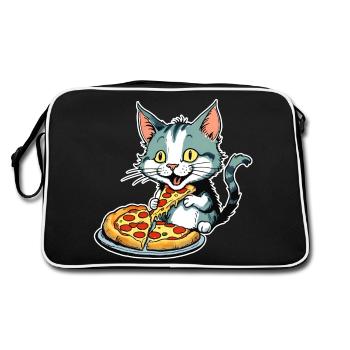 Katze loves Pizza - Retro Tasche - Schwarz/Weiß - Hinten