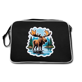 Elch im See Comic Sticker Skandinavien Geweih - Retro Tasche - Schwarz/Weiß - Hinten
