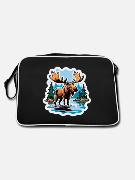 Elch im See Comic Sticker Skandinavien Geweih - Retro Tasche - Schwarz/Weiß - Hinten