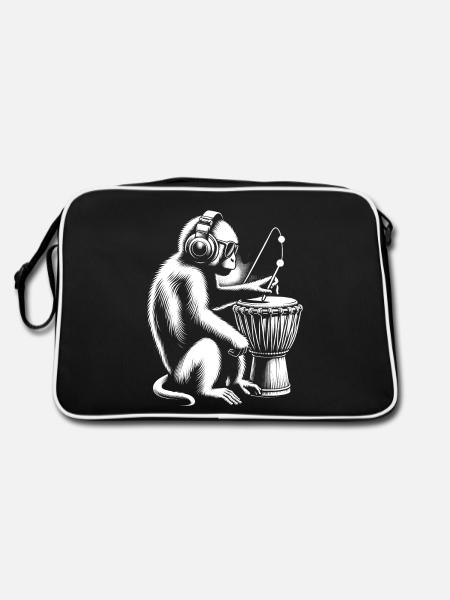 Affe mit Djembe - Djembe-Virtuose - Retro Tasche - Schwarz/Weiß - Hinten