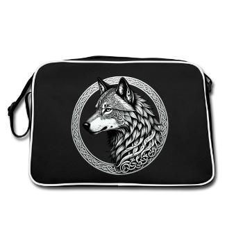 Wolf mit keltischem Knoten 02 - Retro Tasche - Schwarz/Weiß - Hinten