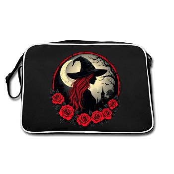 Witch with red hair, castle, moon, bats - Retro Bag - black/white - Back