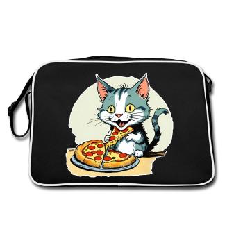 Katze loves Pizza - Retro Tasche - Schwarz/Weiß - Hinten