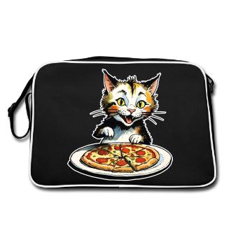 Katze loves Pizza - Retro Tasche - Schwarz/Weiß - Hinten