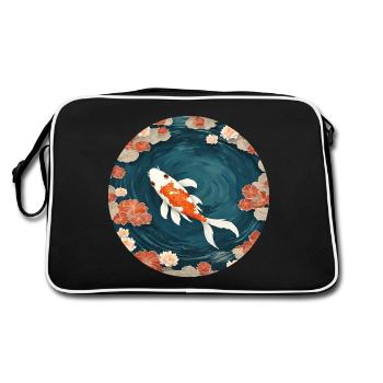 Koi mit Blüten im Teich - Retro Tasche - Schwarz/Weiß - Hinten