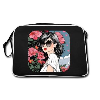 Cooles Girl mit Sonnenbrille und Blumen - Retro Tasche - Schwarz/Weiß - Hinten