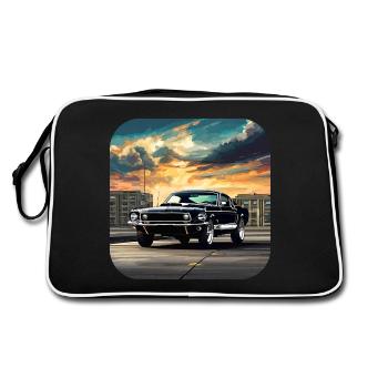 Oldtimer Auto Turbo Rallye im Sonnenuntergang - Retro Tasche - Schwarz/Weiß - Hinten