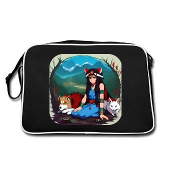 Anime Girl mit Fuchs und Hund - Retro Tasche - Schwarz/Weiß - Hinten