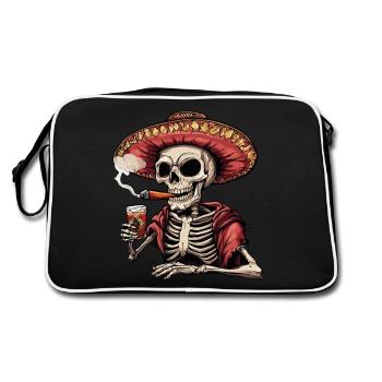 Skelett Totenkopf Totenschädel Zigarre Schnaps - Retro Tasche - Schwarz/Weiß - Hinten