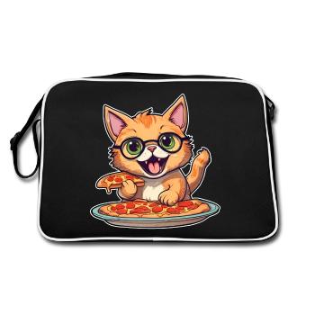 Katze loves Pizza - Retro Tasche - Schwarz/Weiß - Hinten