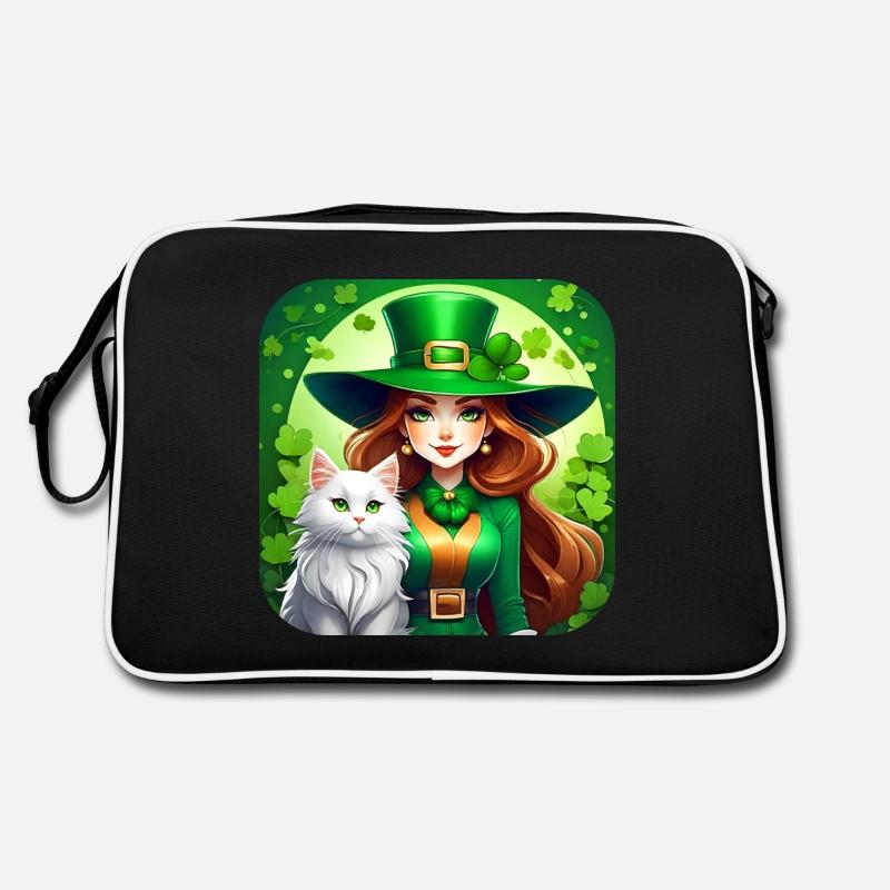 Saint Patricks Day Koboldin mit Katze Retro Tasche