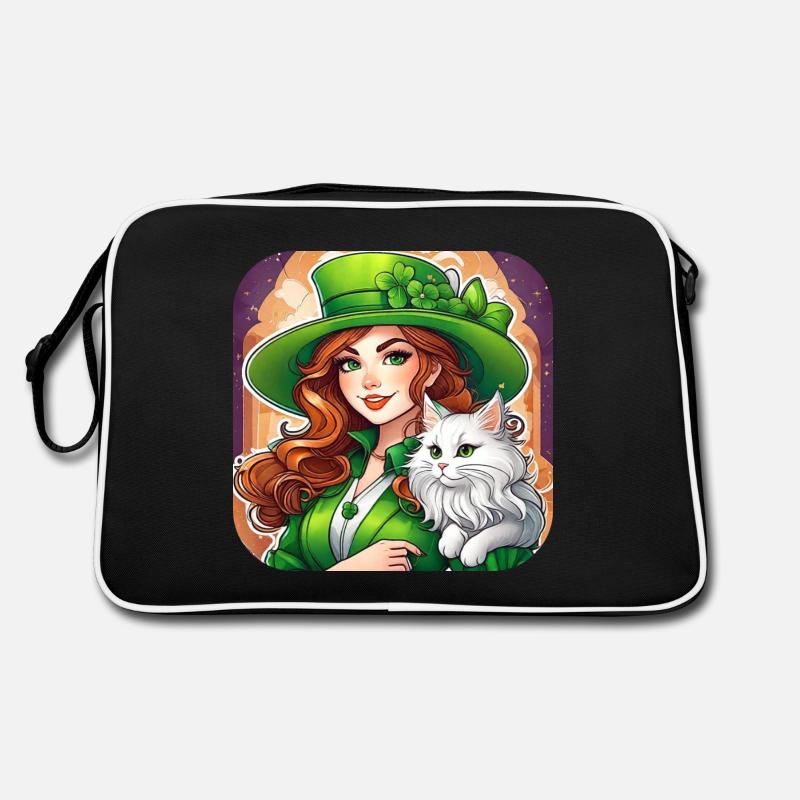 Saint Patricks Day Koboldin mit Katze Retro Tasche
