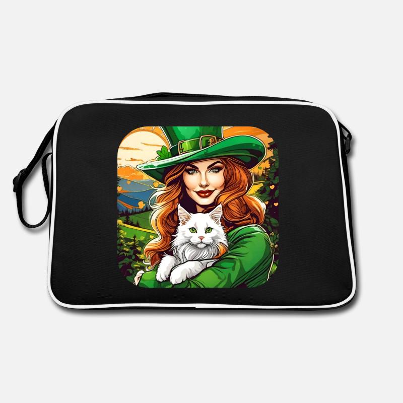 Saint Patricks Day Koboldin mit Katze - Retro Tasche - Schwarz/Weiß