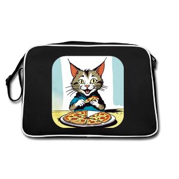 Katze loves Pizza - Retro Tasche - Schwarz/Weiß - Hinten