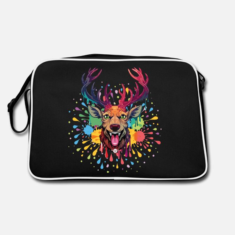 07 Party Hirsch bunter Hirschkopf Farbspritzer - Retro Tasche - Schwarz/Weiß