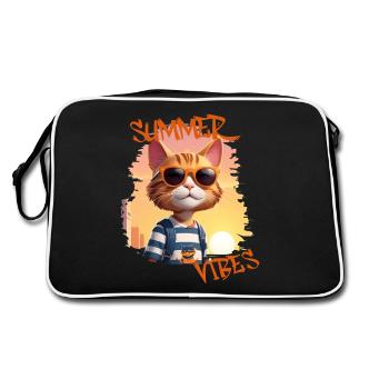Summer Vibes | coole Katze mit Sonnenbrille - Retro Tasche - Schwarz/Weiß - Hinten