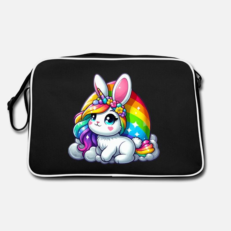 REGENBOGENFARBENER EINHORN - OSTERHASE - Retro Tasche - Schwarz/Weiß