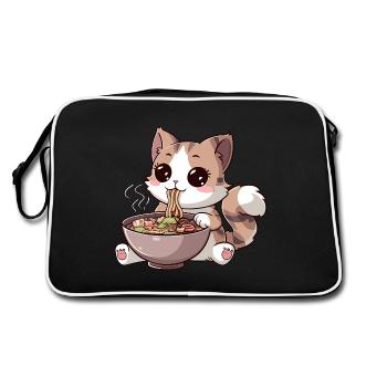 Kawaii Katze isst Ramen - Retro Tasche - Schwarz/Weiß - Hinten