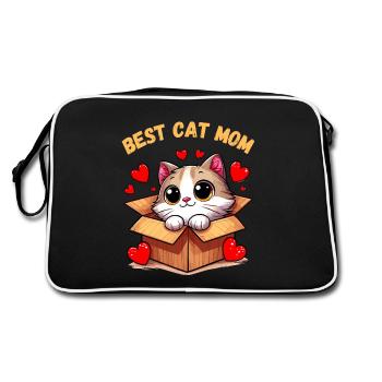 Katze Katzen Katzenmama Kätzchen Herz Mutter süß - Retro Tasche - Schwarz/Weiß - Hinten