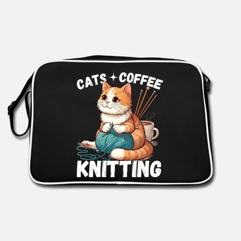 Cat Coffee Knitting Handmade Wool Hobby Cute Retro Bag